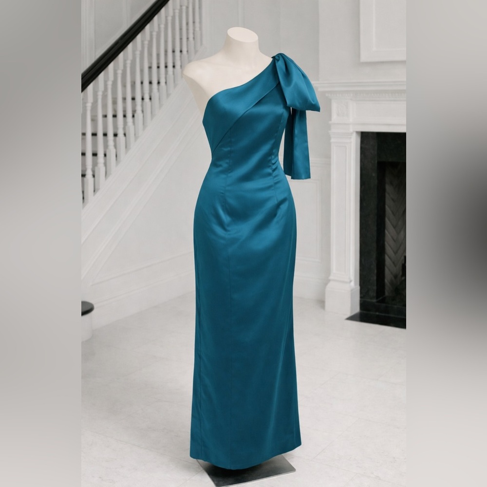 Teal Blue Satin One Shoulder Bow Prom Maxi Gala Formal Evening Dress NWT Sz 6
